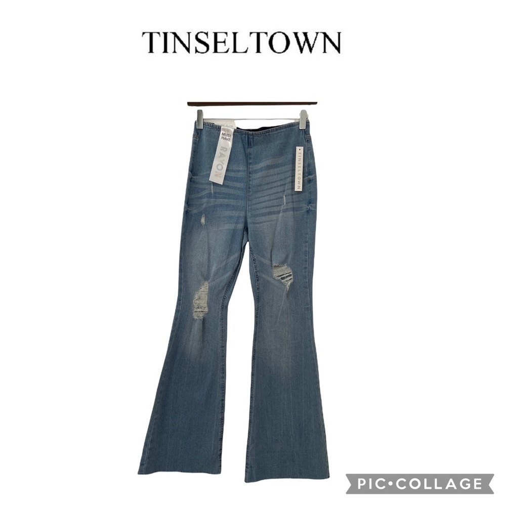 Tinseltown High Rise pull on raw hem flare jeans